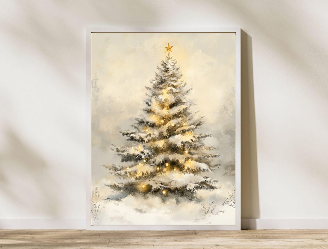 Snowy Vintage Christmas Tree With Warm Lights Neutral Holiday Poster - Image 8