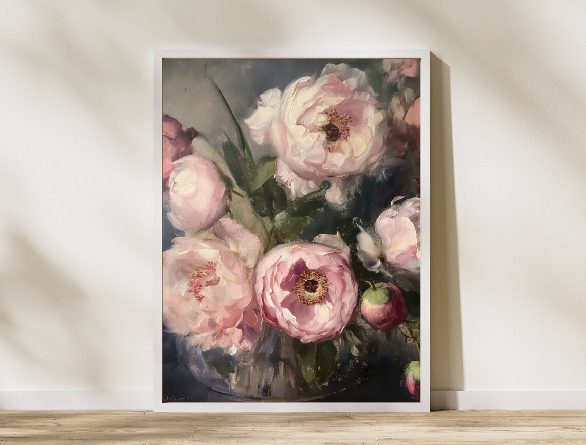 Lush Pink Peony Oil Painting Moody Floral Bouquet Art Poster - Image 8