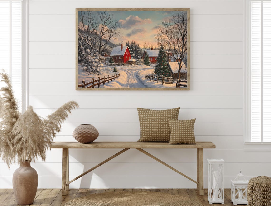 Snowy Christmas Village Farmhouse Red Barn Winter Landscape Poster - Image 5