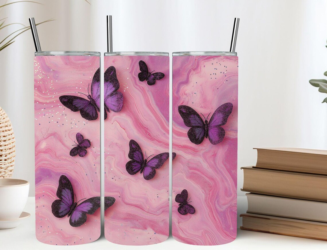 Purple Butterfly Pink Marble Glitter Tumbler Wrap Design Print - Image 7