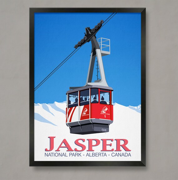 Jasper Canada Red Skytram Cable Car National Park Travel Poster
