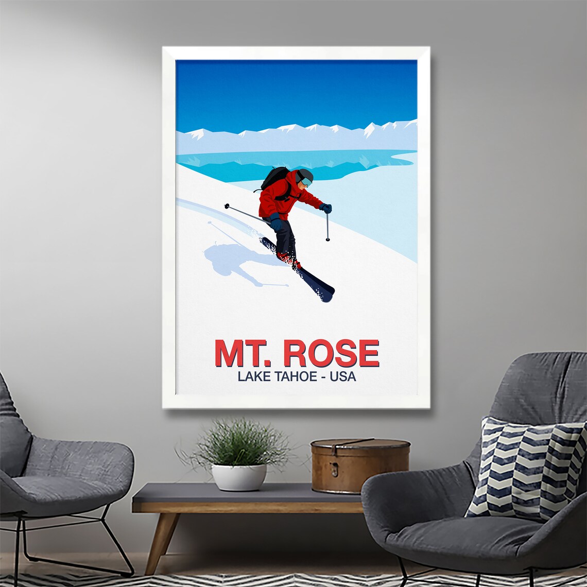 Mt Rose Ski Poster with Skier Carving Above Lake Tahoe USA Peaks - Image 3