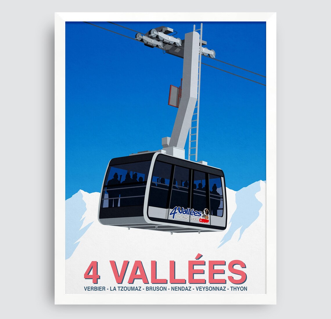 4 Vallees Verbier Mt Fort Gondola Swiss Alps Vintage Ski Art Poster - Image 3