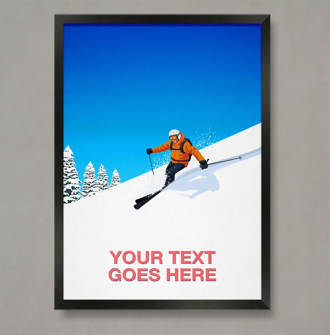 Personalised Ski Art Custom Text Orange Jacket Piste Pine Winter Poster