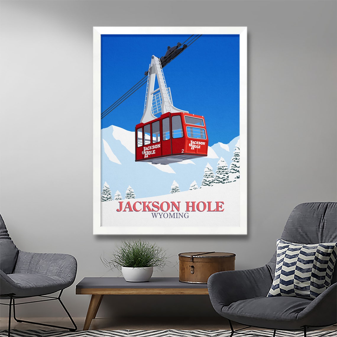 Jackson Hole Wyoming Red Aerial Tram Cable Car Ski Travel Poster - Image 2