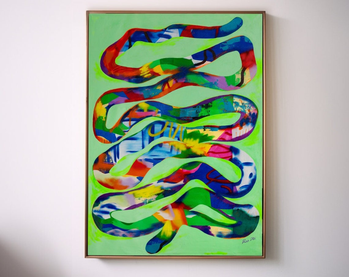 Neon Green Winding Ribbon Over Multicolor Streaks Abstract Poster - Image 2