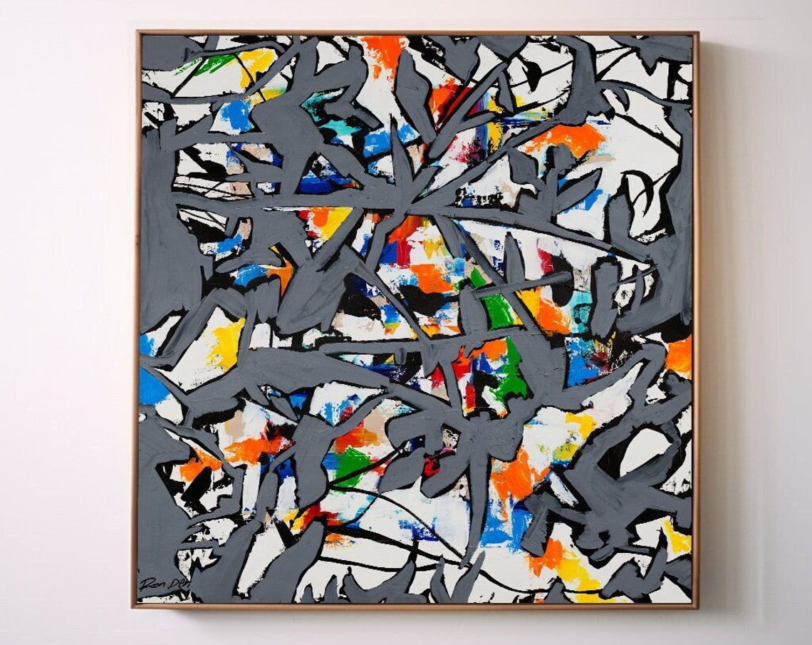 Gray Web Lines Over Colorful Textured Ground Abstract Art Print - Image 6