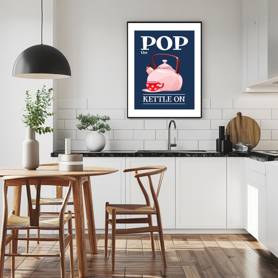 Pop the Kettle On Navy Blue Retro Kitchen Teapot Quote Poster - Image 2