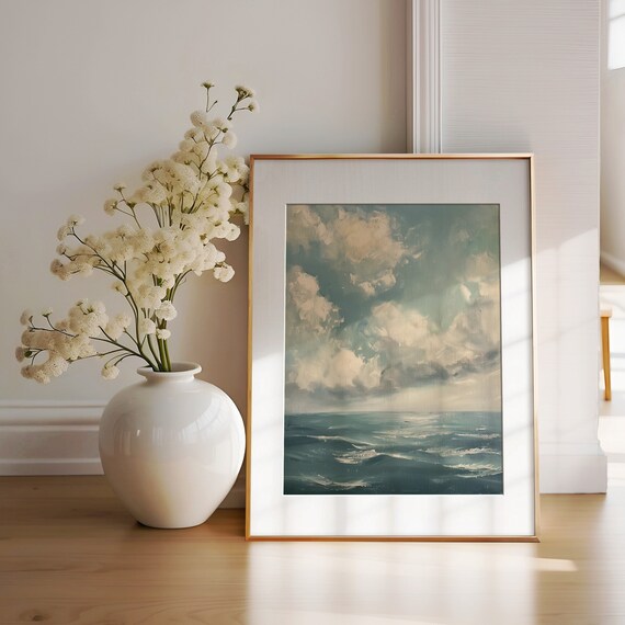 Ocean Waves Clouds Vintage Painting Coastal Seascape Wall Art