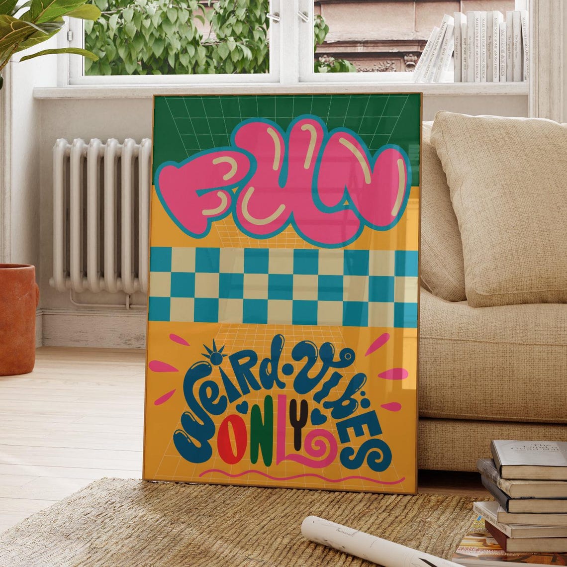 Fun Weird Vibes Only Trippy Groovy Lettering Colorful Retro Poster