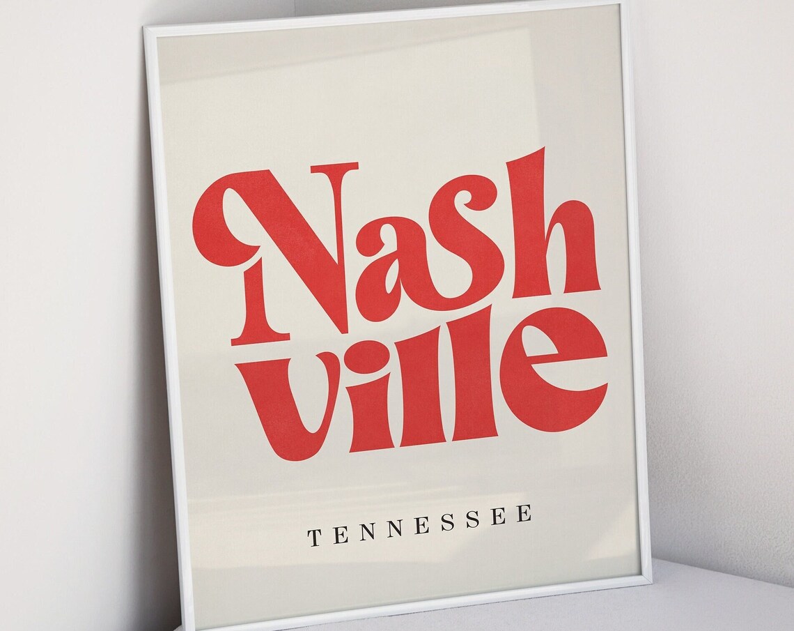 Nashville Tennessee Bold Retro Red Lettering Minimalist Wall Art - Image 3