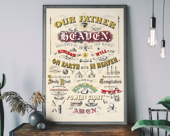 Our Father Lord's Prayer Vintage Typography Ornate Religious Art Poster