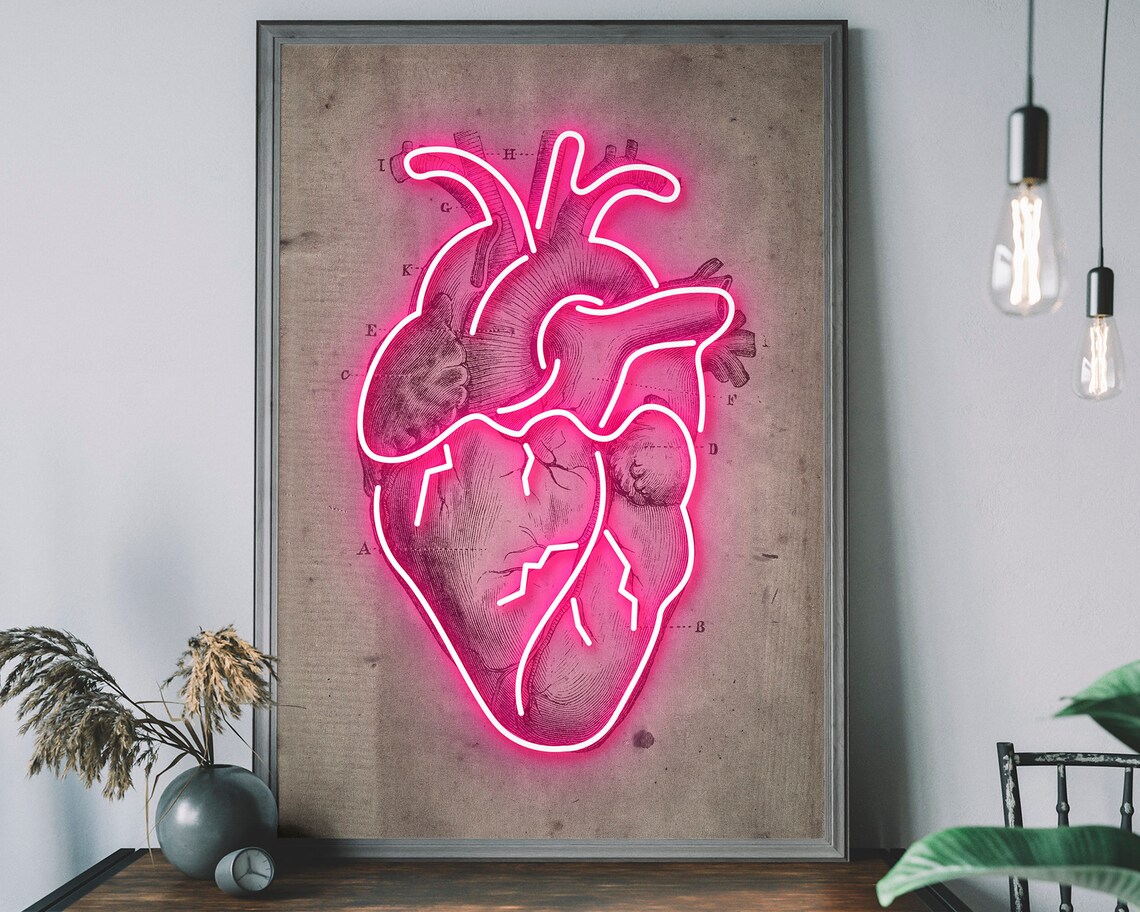 Neon Heart Diagram Vintage Illustration Art Print
