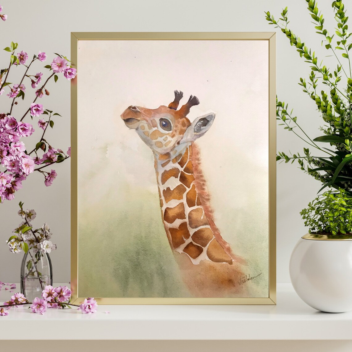 Curious Baby Giraffe Portrait in Soft Neutral Watercolor Poster - Image 3