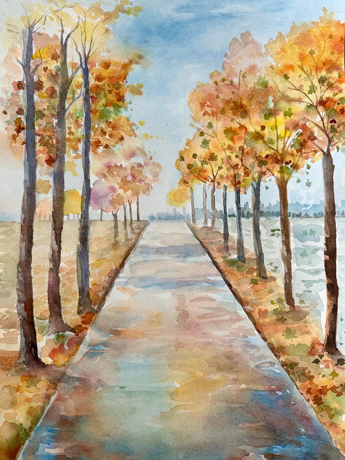 Autumn Tree Lined Path Beside a River Watercolor Landscape Poster - Image 3