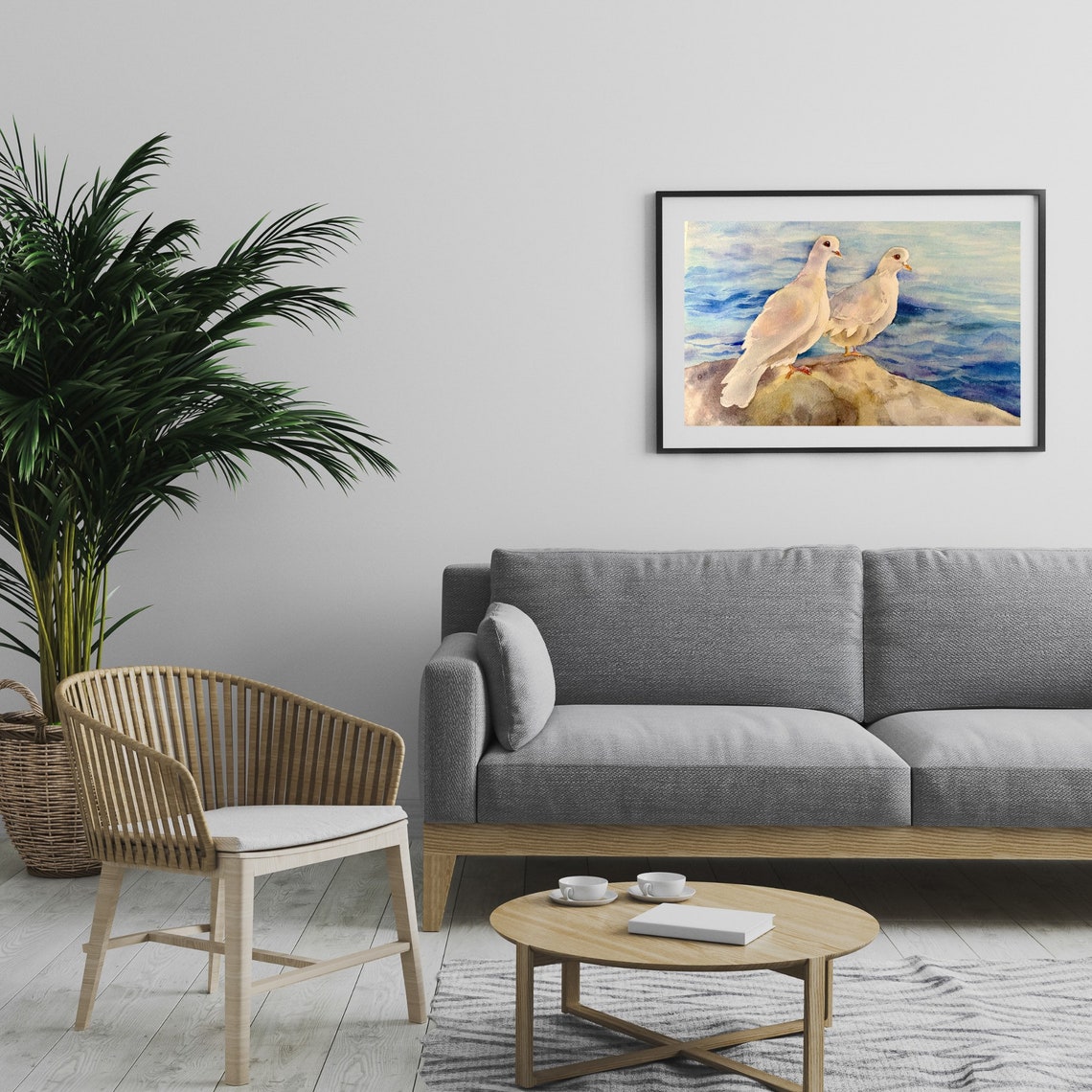 Two White Doves by the Blue Sea Watercolor Peaceful Bird Poster - Image 2