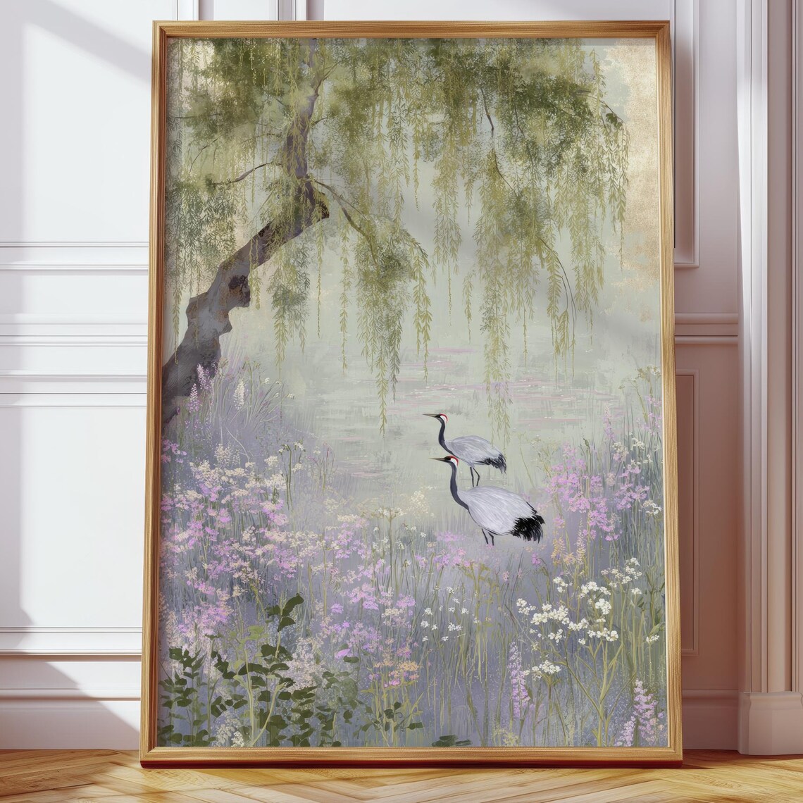 Weeping Willow Cranes Watercolor Asian Inspired Nature Poster