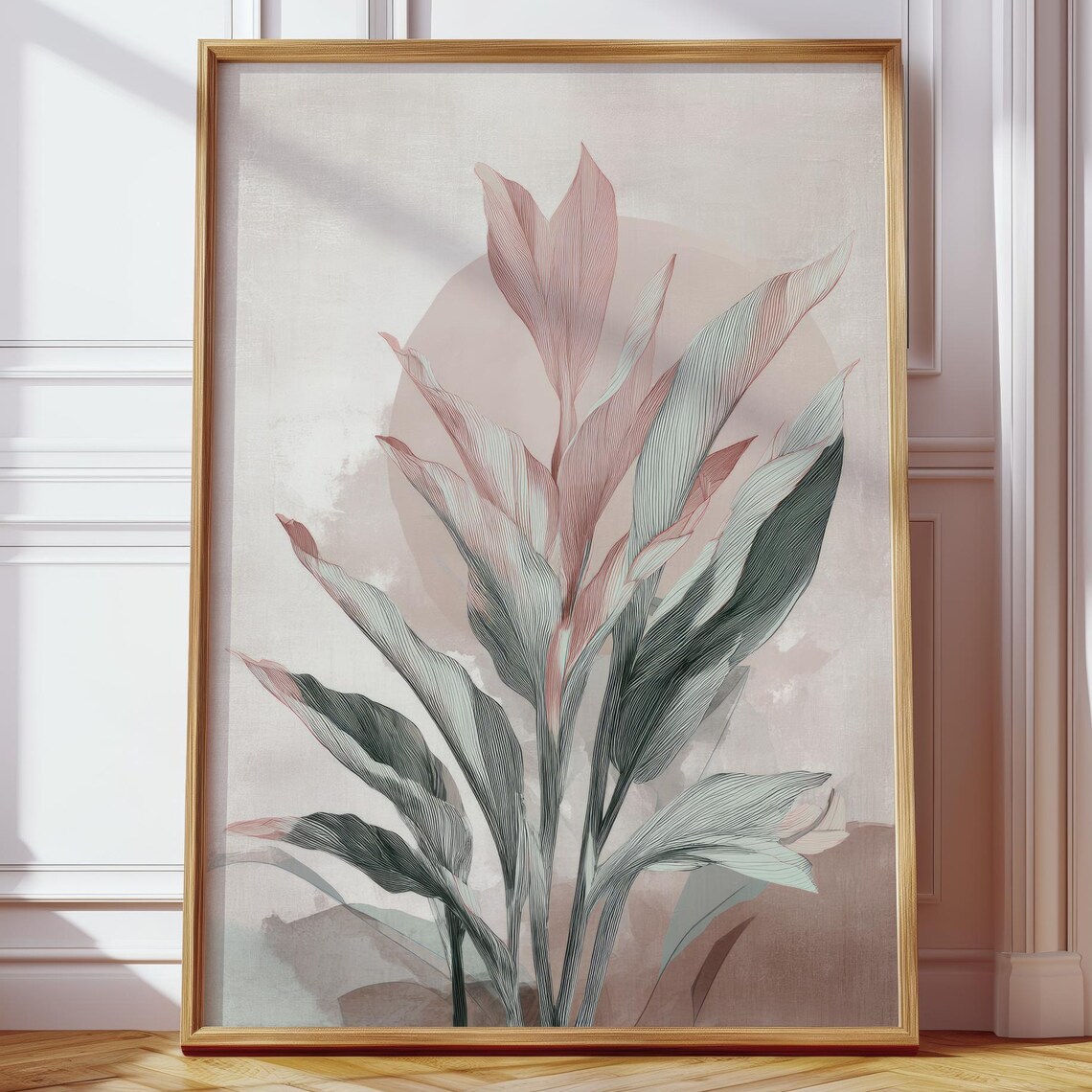 Blush Pink Sage Green Botanical Leaves Minimalist Elegant Art Poster