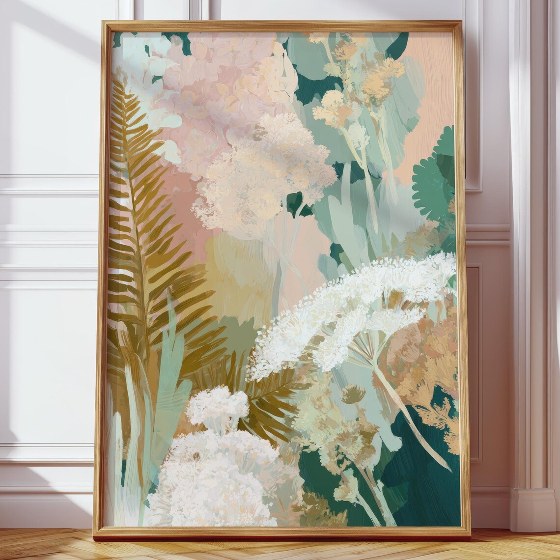 Pastel Botanical Watercolor White Blooms Sage Foliage Wall Art