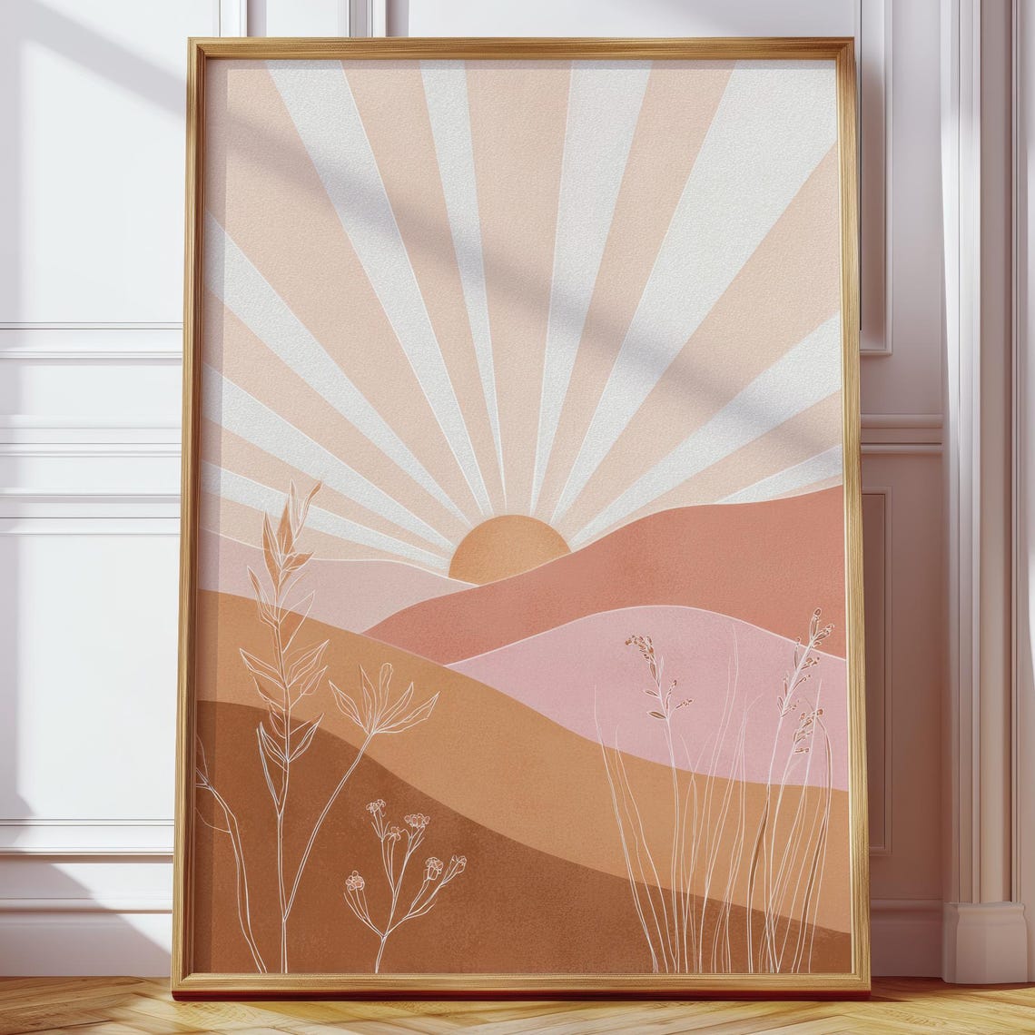 Boho Pink Sunrise Over Rolling Hills Minimalist Scandinavian Wall Art