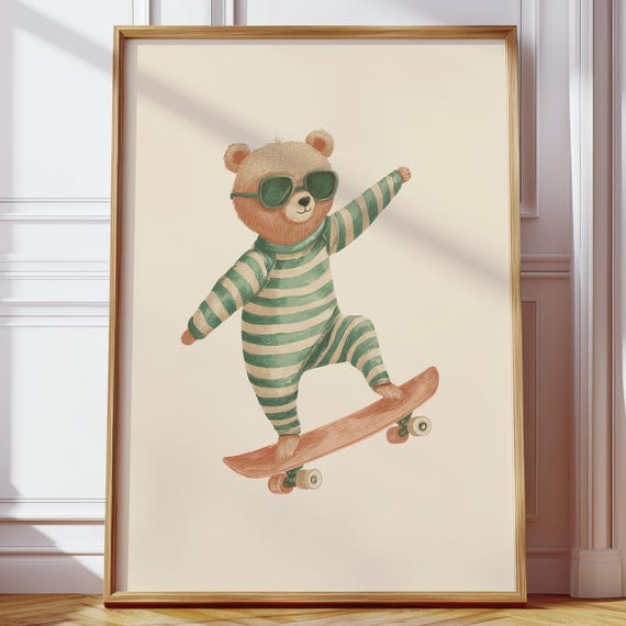 Retro Animal Poster Bear Skateboard Funny Wall Decoration Beige Green Playful Illustration Living Room Office Hallway