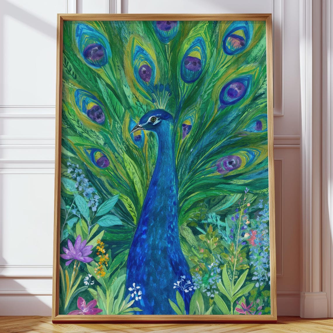 Vibrant Peacock Watercolor Emerald Feathers Tropical Bird Wall Poster