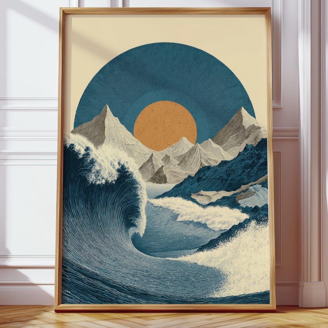 Wall Decoration Living Room Retro Vintage Waves Mountains Art Blue Orange Illustration Nature Harmonious Prints Scandi Office Hallway