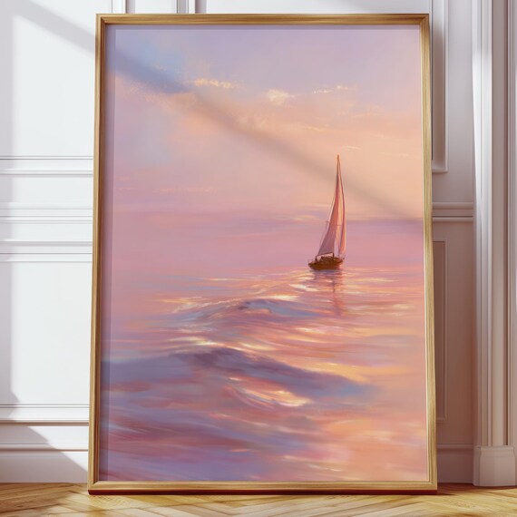 Dreamy Pastel Sunset Sailboat Ocean Seascape Wall Decor Poster