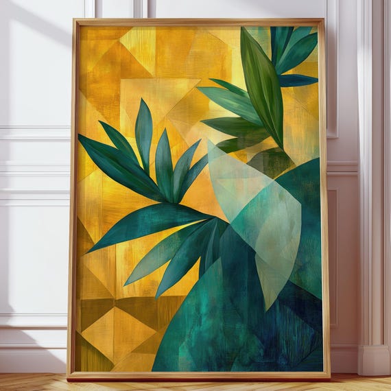 Modern Living Room Wall Decor Abstract Orange Green Design Geometric Plant Artwork Elegant Art Prints Nature Hallway Office