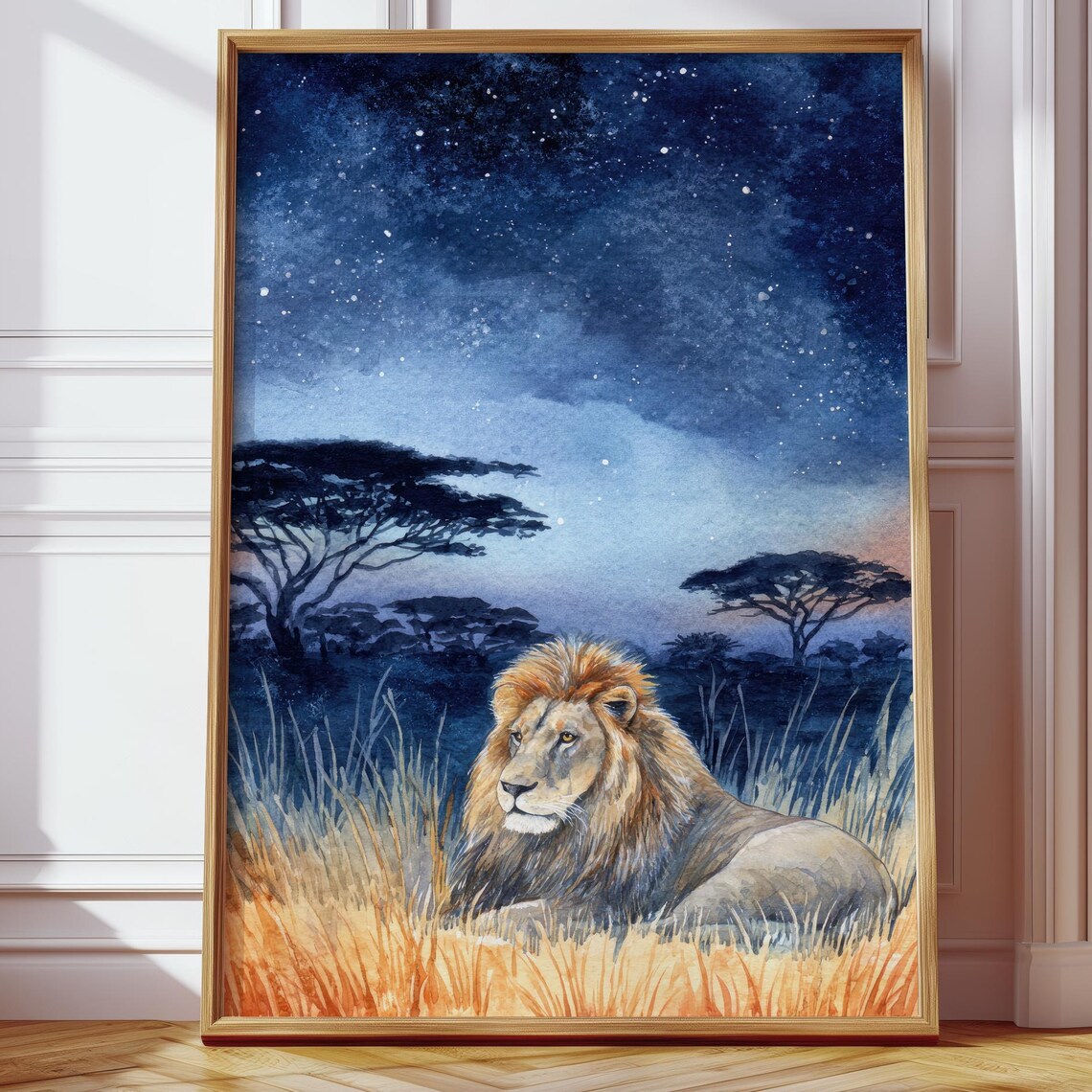 Living Room Wall Decor Safari Mystical Lion Picture At Night Watercolor Art Print Blue Gold Exotic African Motif Bedroom Office