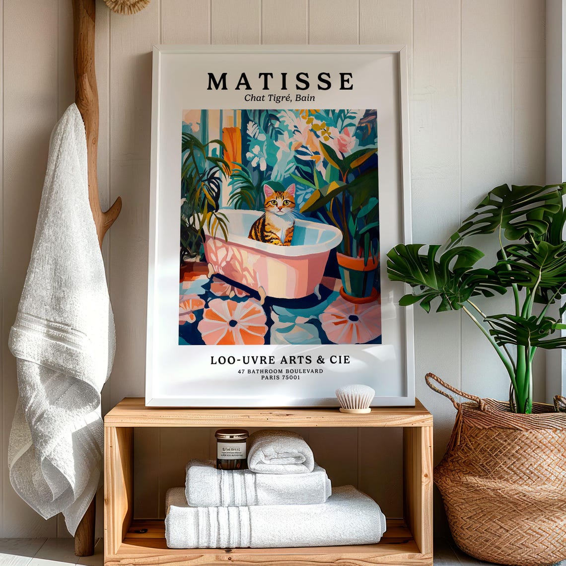Matisse Style Tabby Cat in a Pink Clawfoot Bathtub Art Poster - Image 5