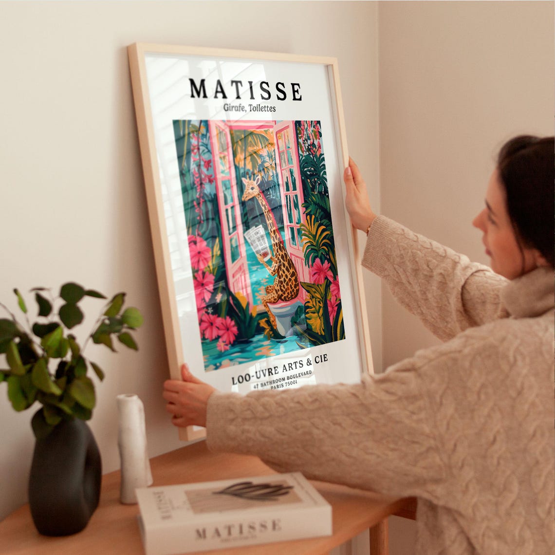 Matisse Style Giraffe Reading on a Pink Toilet Parody Art Poster - Image 2