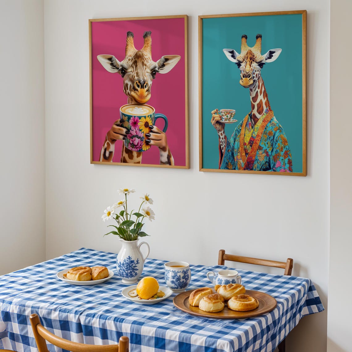Elegant Giraffe in a Colorful Kimono Holding a Floral Teacup Poster - Image 2