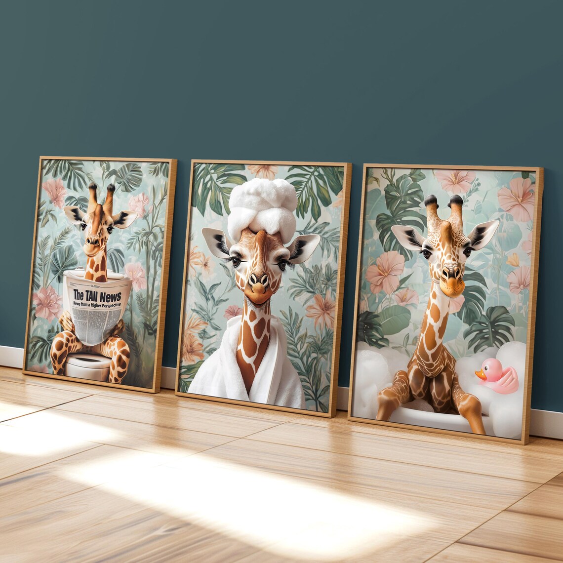 Giraffe in a Bubble Bath With a Rubber Duck in a Tropical Bathroom Poster - Image 3