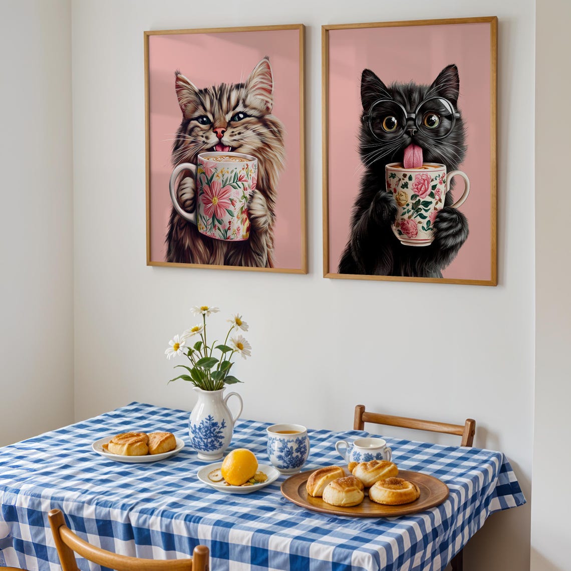 Fluffy Black Kitten Wearing Glasses Licking a Floral Teacup Poster - Image 2