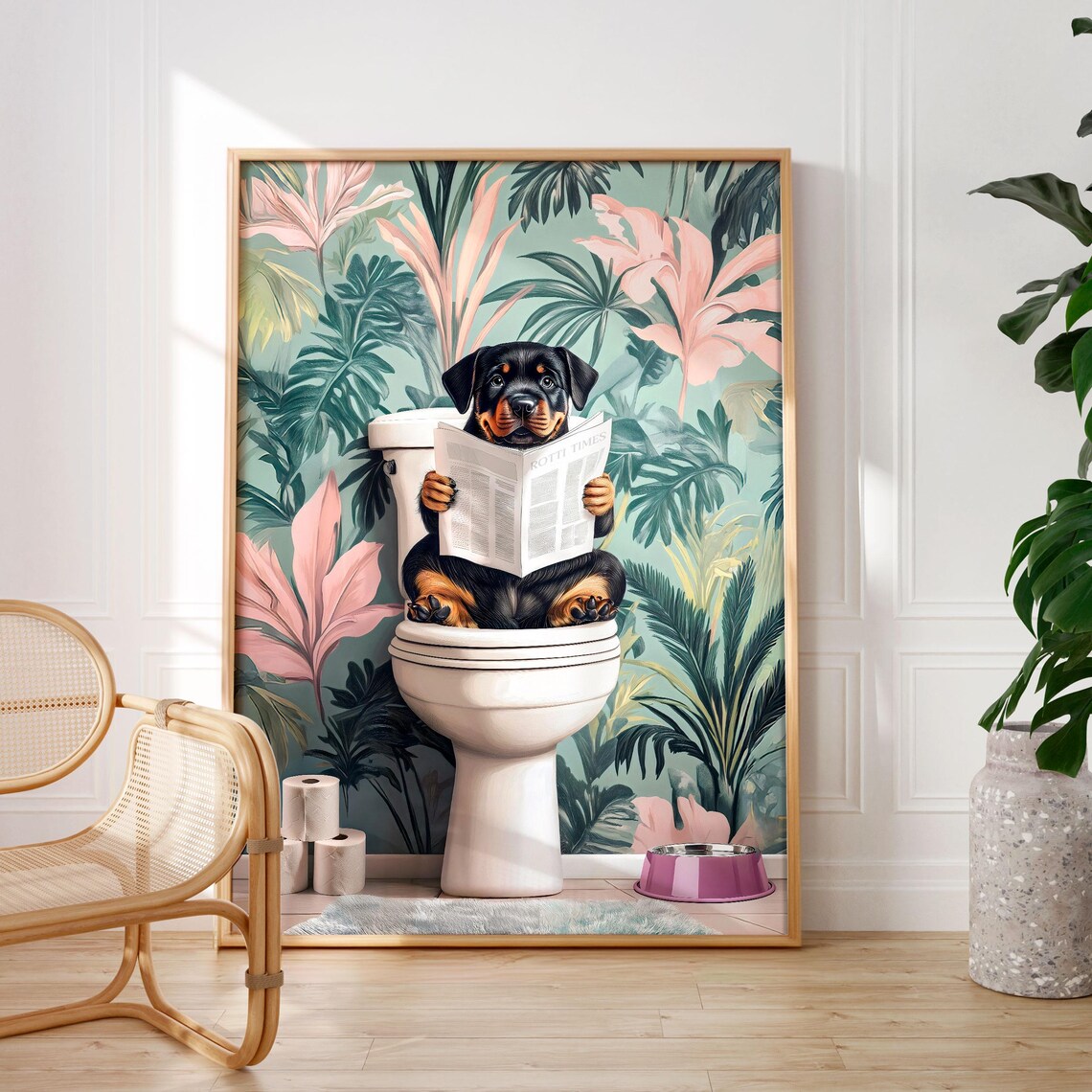 Rottweiler Puppy Reading the Paper on a Toilet Floral Poster