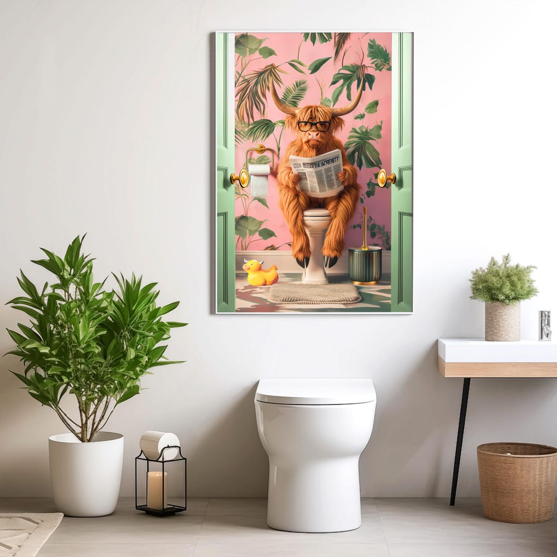 Highland Cow With Glasses Reading the Paper on a Toilet Poster - Image 6