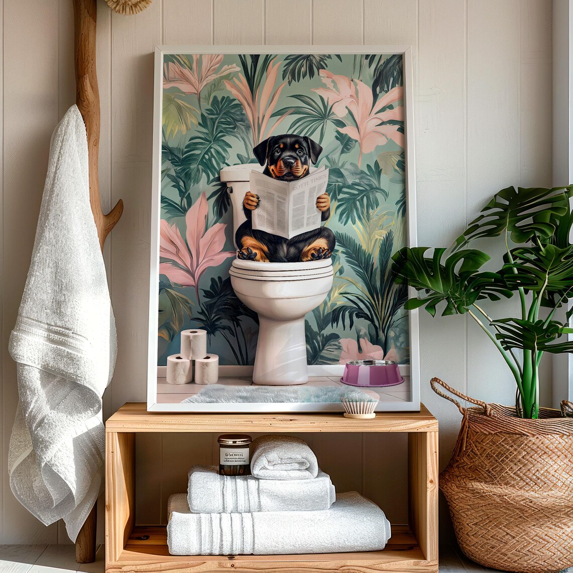 Rottweiler Puppy Reading the Paper on a Toilet Floral Poster - Image 7