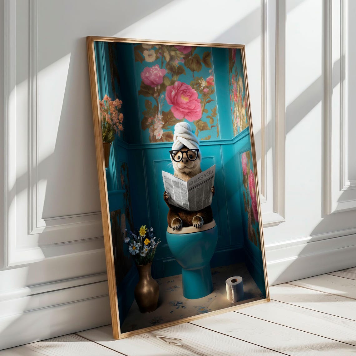 Otter With Glasses Reading Wet Whisker Weekly on a Teal Toilet Poster - Image 6