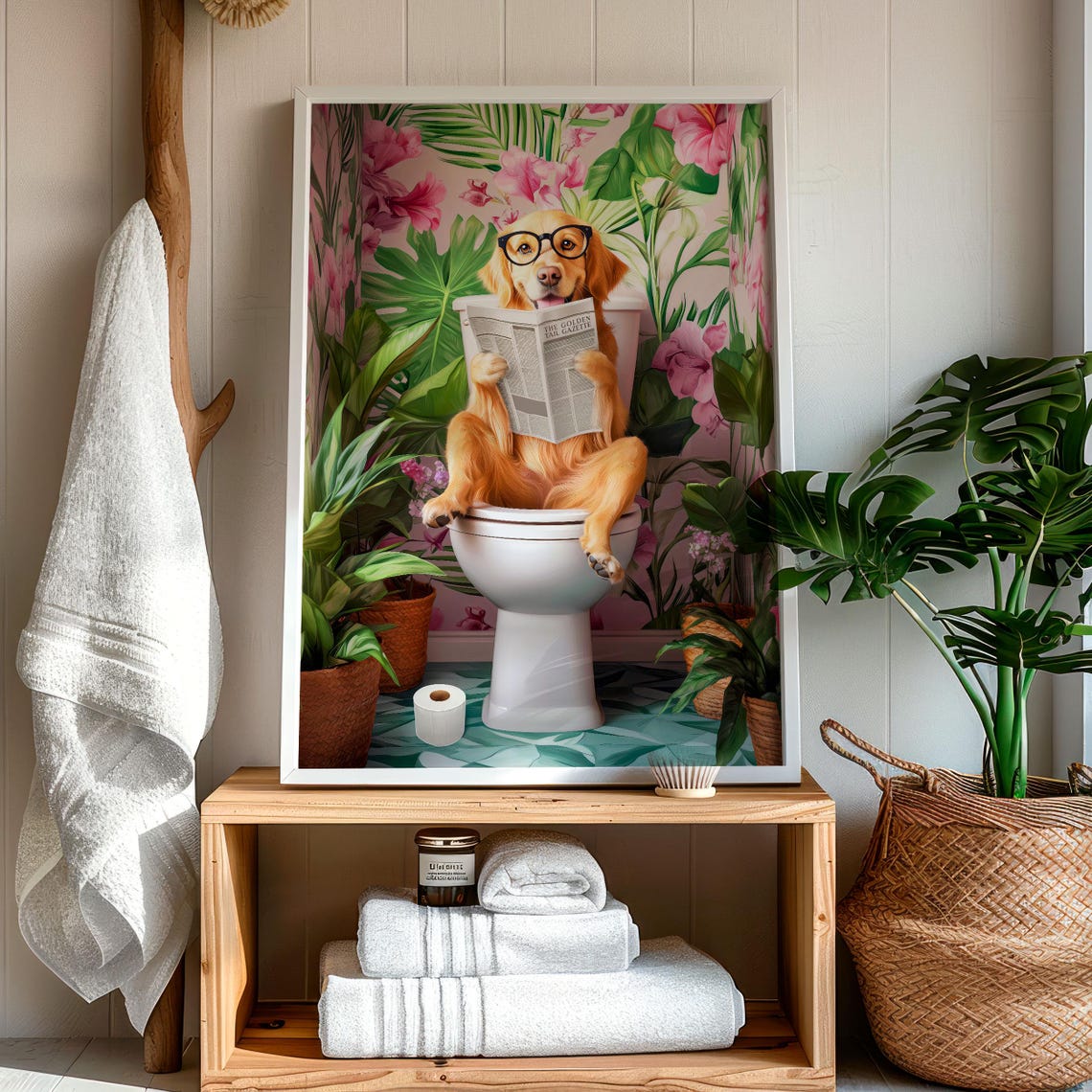 Golden Retriever With Glasses Reading the Paper on a Toilet Poster - Image 7