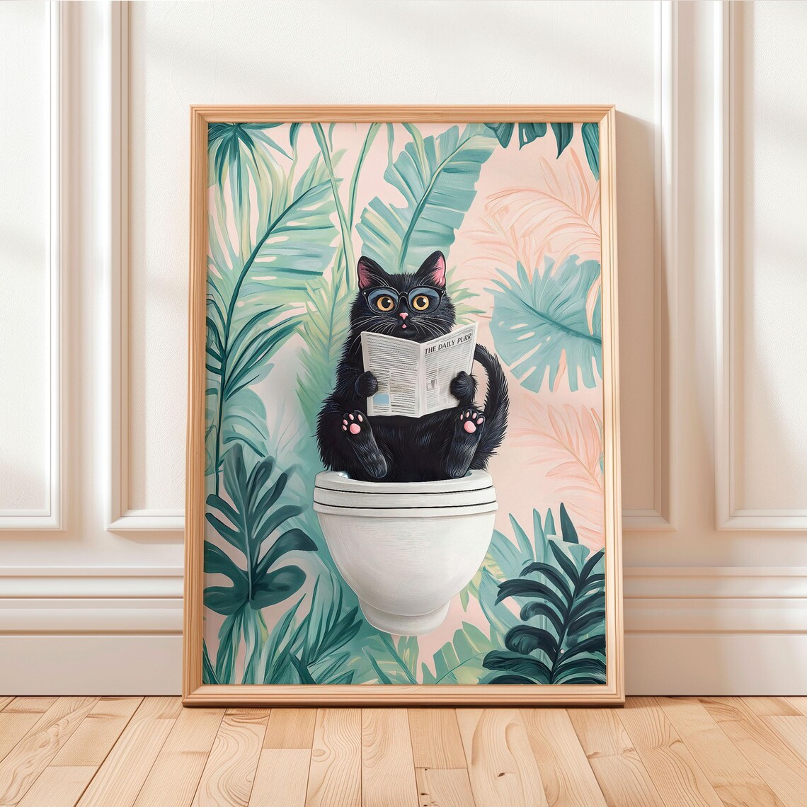 Black Cat on Toilet, Funny Bathroom Wall Poster