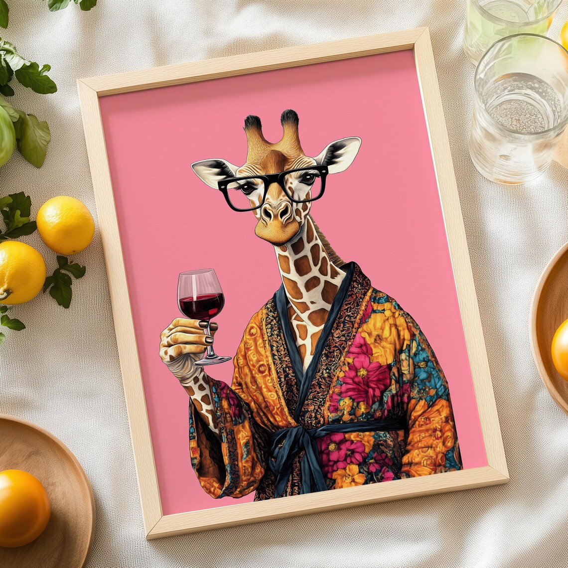 Giraffe in Glasses and Floral Robe Holding a Glass of Red Wine Poster - Image 6