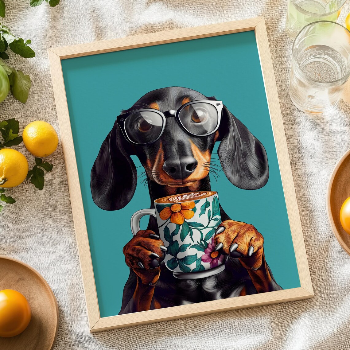 Dachshund Wearing Glasses Holding Floral Coffee Mug On Teal Poster - Image 6