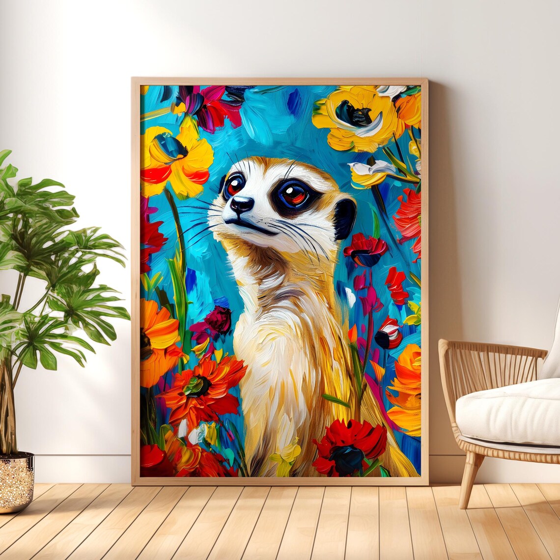 Meerkat in Bold Colorful Paint Surrounded by Bright Flowers Poster