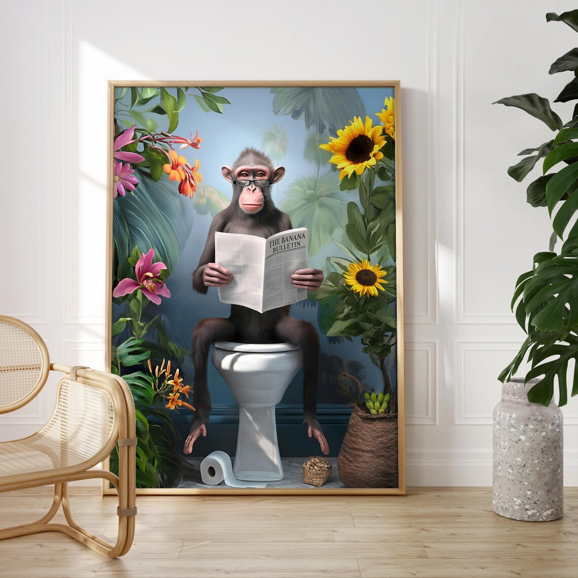 Monkey With Glasses Reading the Banana Bulletin on a Toilet Poster - Image 6