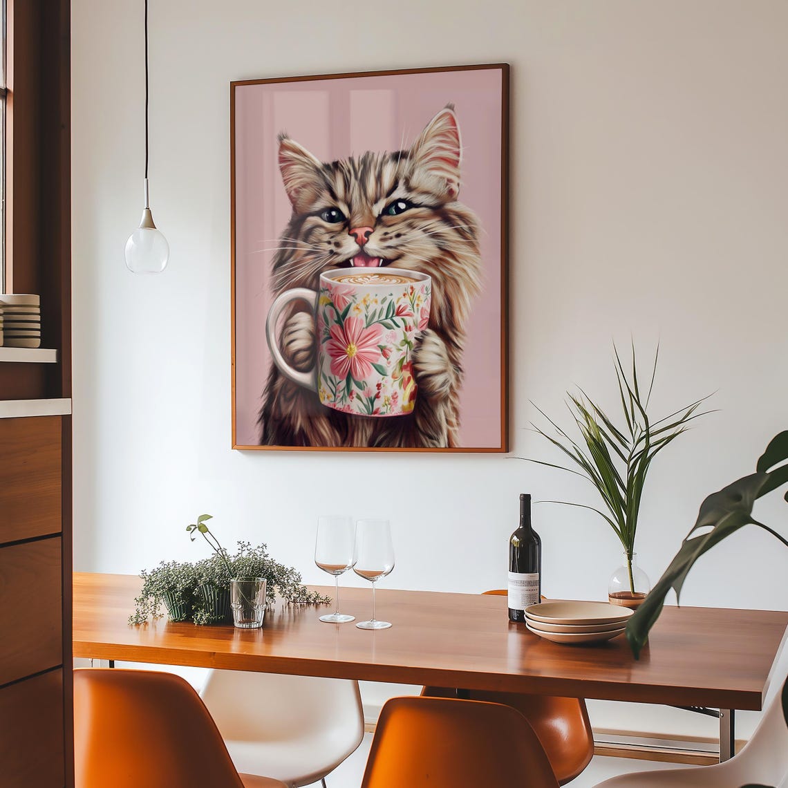 Smiling Tabby Cat Holding Floral Latte Mug On Blush Pink Poster - Image 4