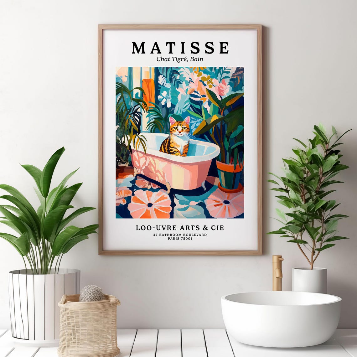 Matisse Style Tabby Cat in a Pink Clawfoot Bathtub Art Poster - Image 3