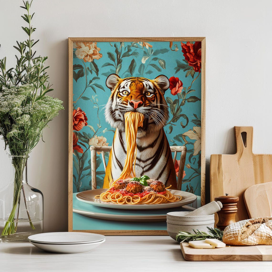 Tiger Slurping Spaghetti With Meatballs Floral Kitchen Poster