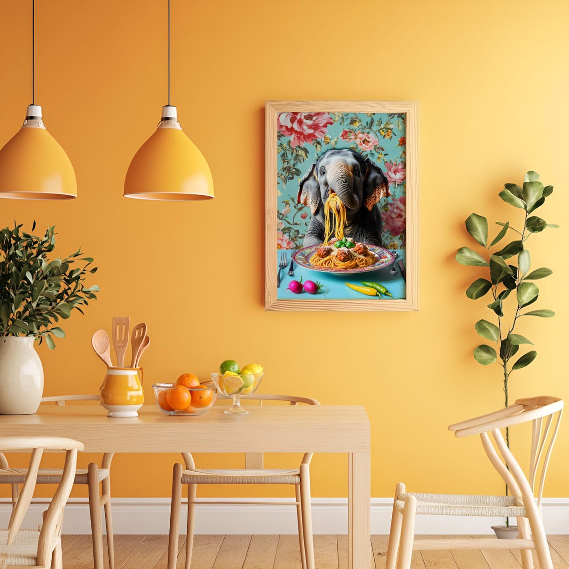 Elephant Eating Spaghetti and Meatballs Floral Kitchen Poster - Image 3