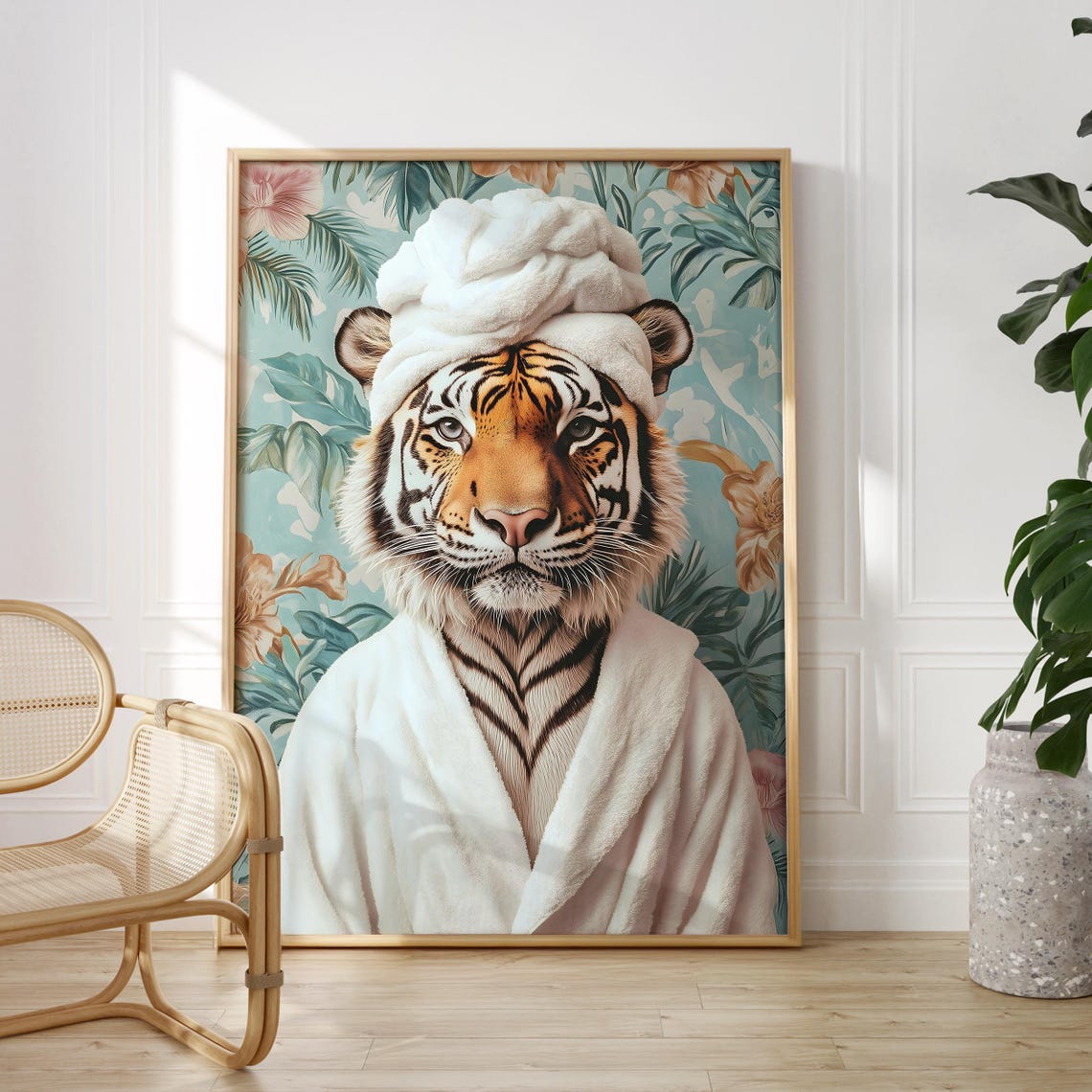 Tiger in a White Spa Robe and a Towel Turban Tropical Bathroom Poster